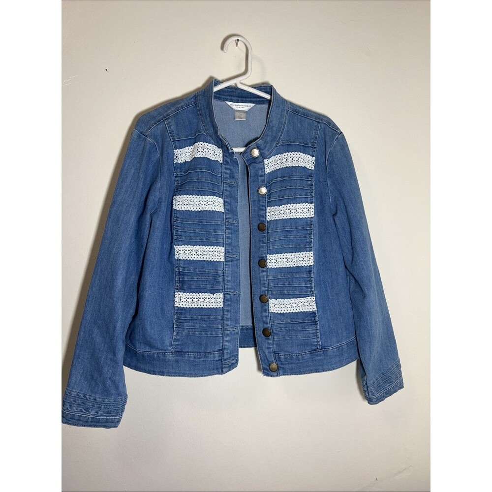 Christopher‎ & Banks Denim Jacket Womens Petite XL Button Up Lace Trim Stretch
